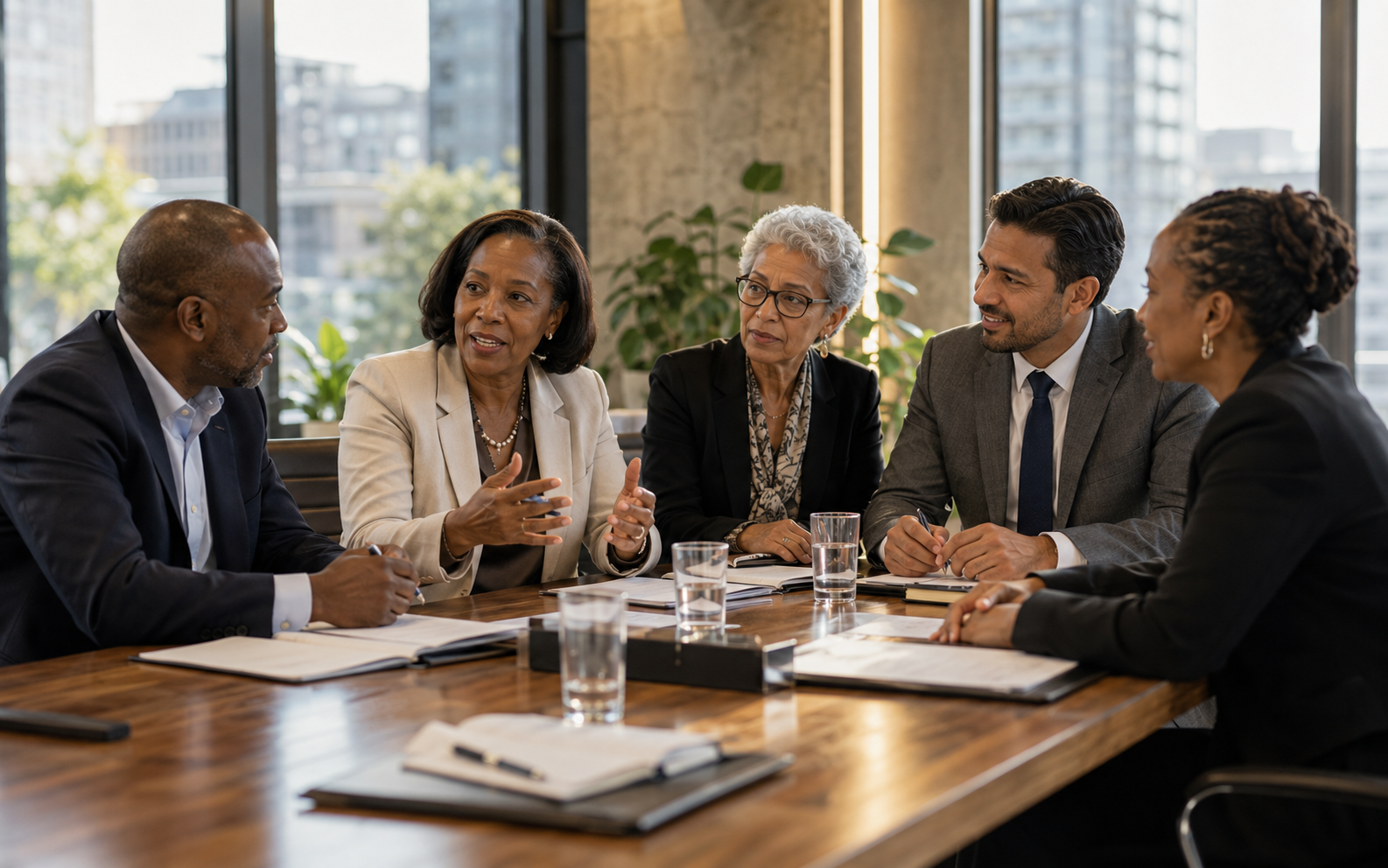 A diverse group of business leaders in discussion around a boardroom table